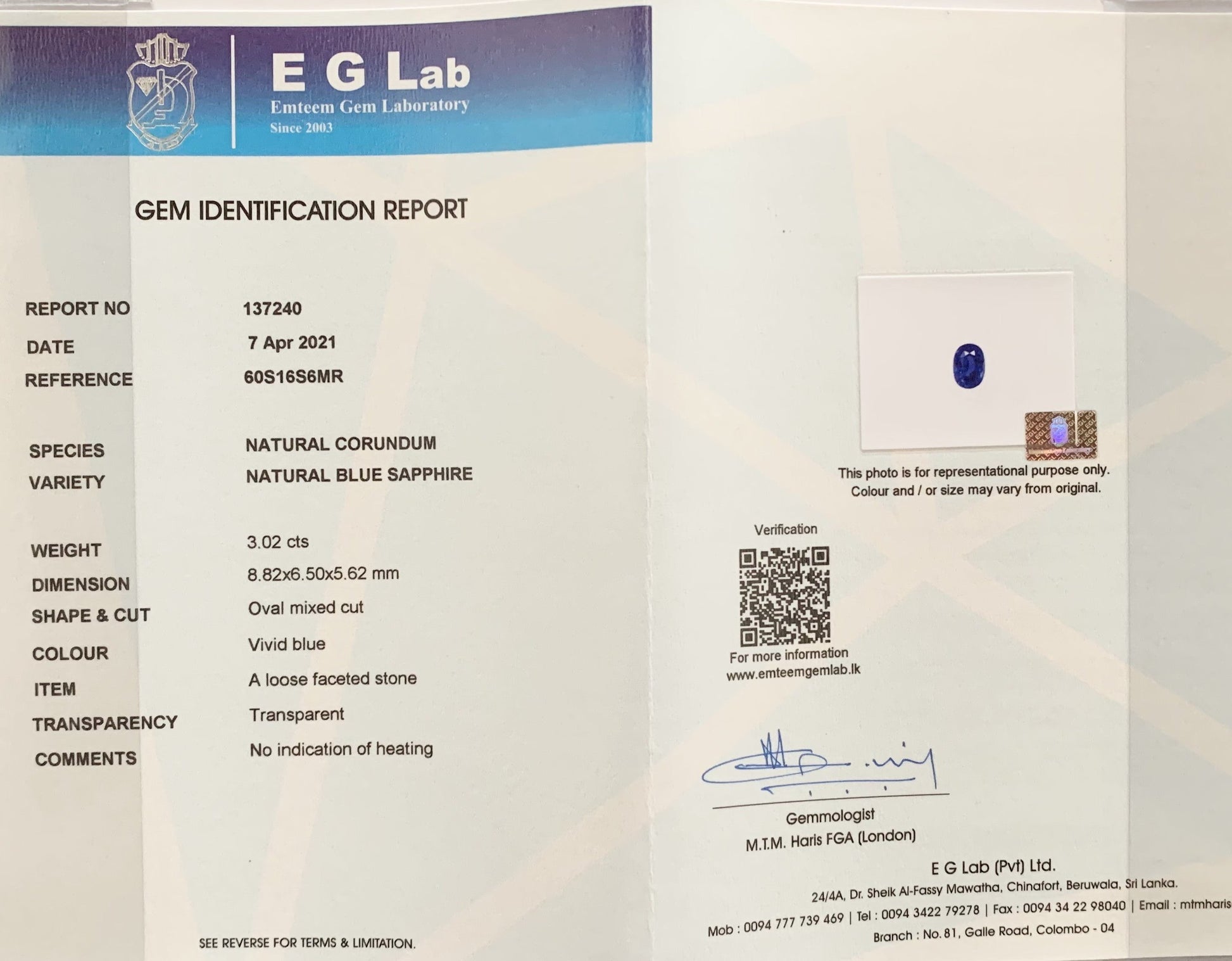 3.02 carats natural blue sapphire certificate